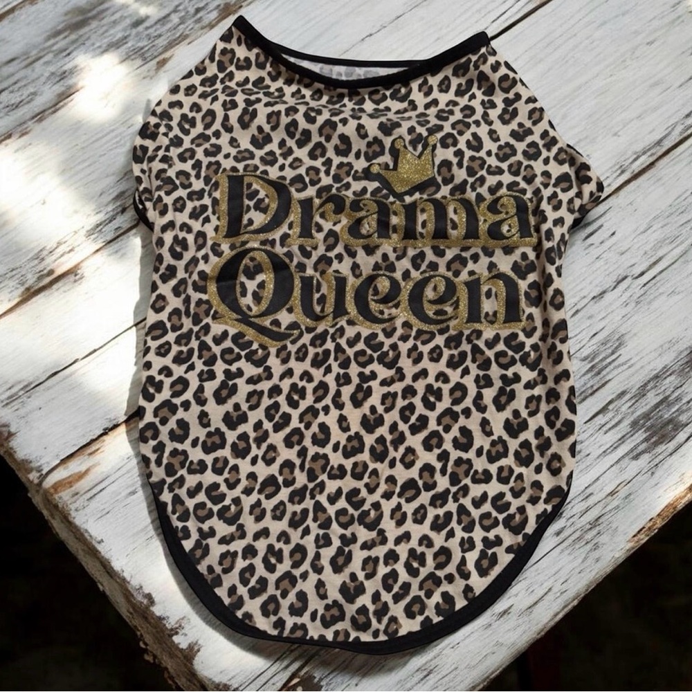 Drama Queen Leopard Print Pet Tee with Gold Glitter